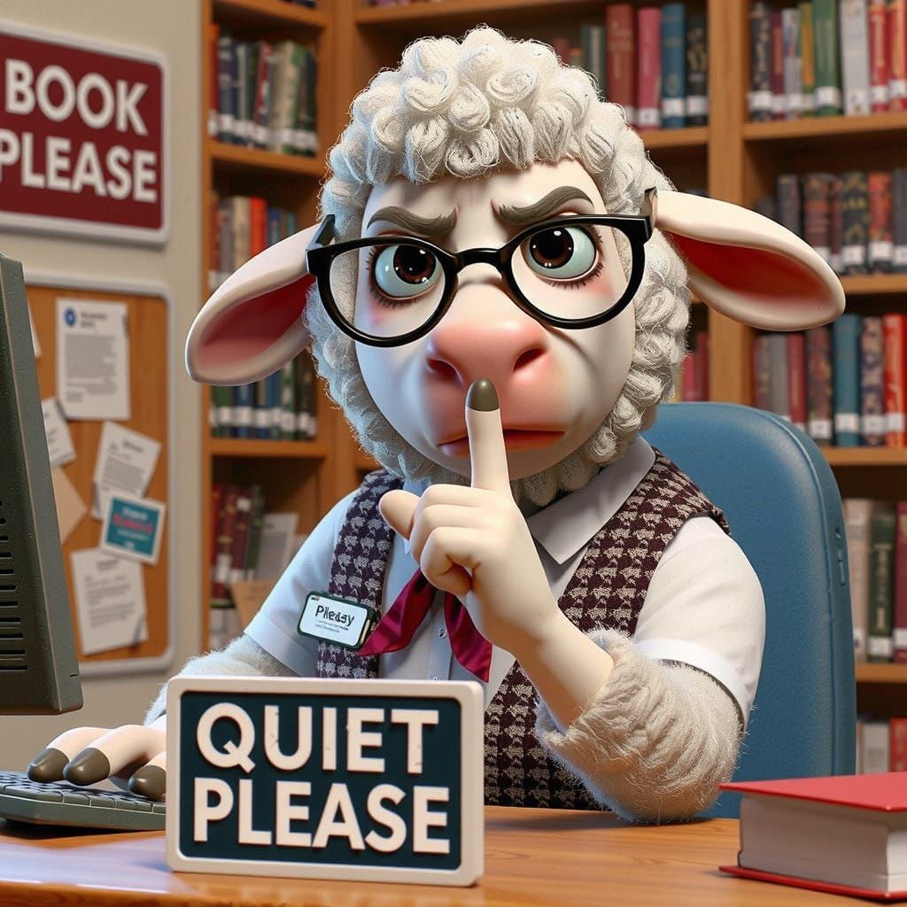 A Humorous Cartoon Sheep Shushes Patrons in a Library