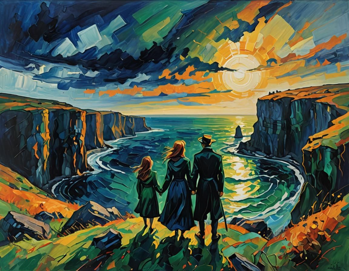 Lovers on a Cliff: Expressionist Oil Painting