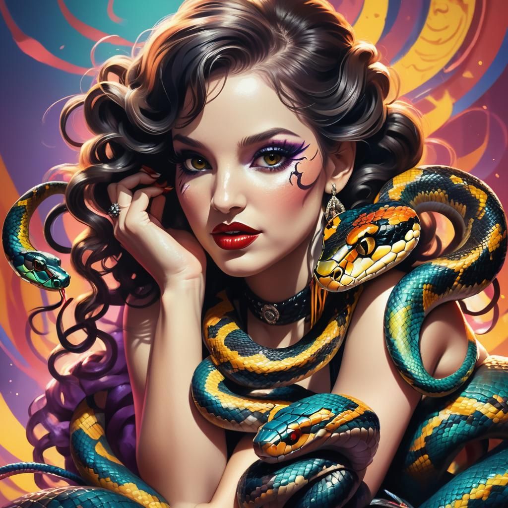 Burlesque Dancer Entwined with a Cute Snake