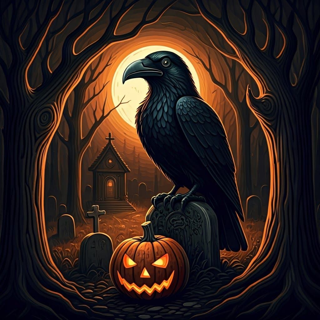 Eerie Halloween Totem with Raven in Woodcut Style