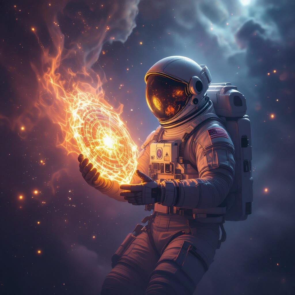 Astronaut Holds Glowing Artifact in Cosmic Nebula