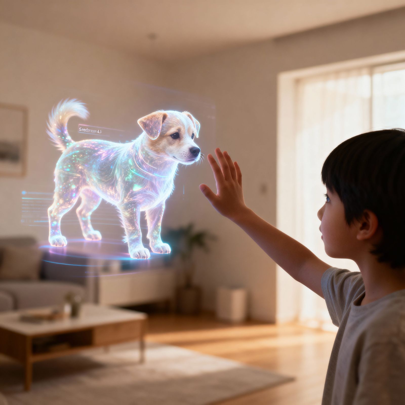 Child Reaches for Holographic Pet in Minimalist Future