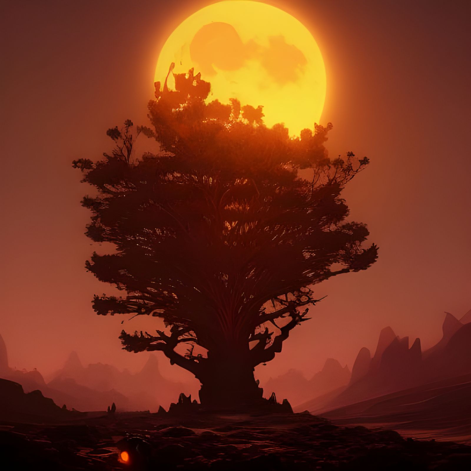 Golden Tree in Desert Under Blood Moon