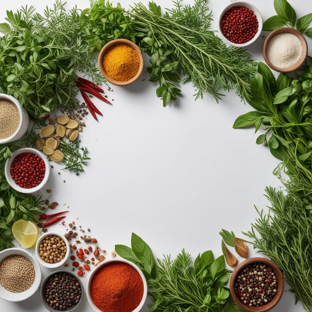 Vibrant Herbs and Spices Bordering White Table