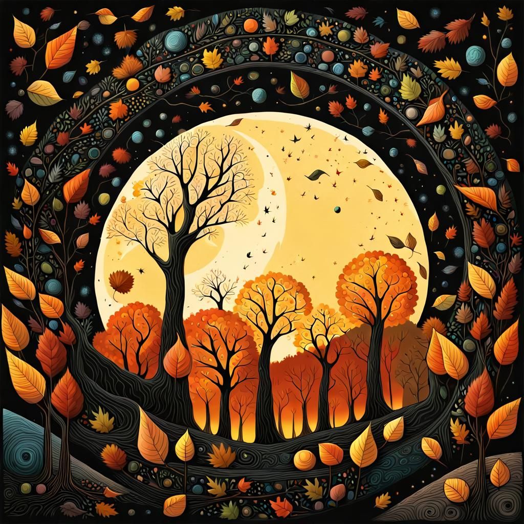 Fantastical Autumn Landscape in Folk Art Style