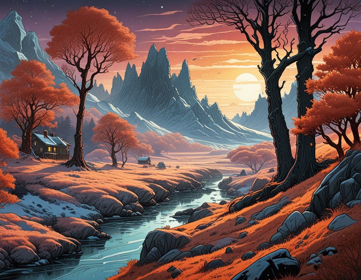 Ethereal Winter Landscape in Moebius Style