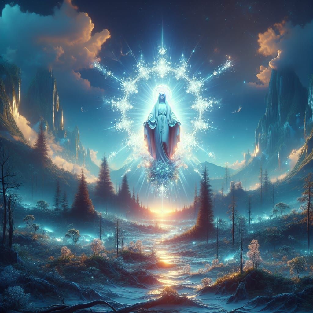 Ethereal Holy Mary in Serene Landscape