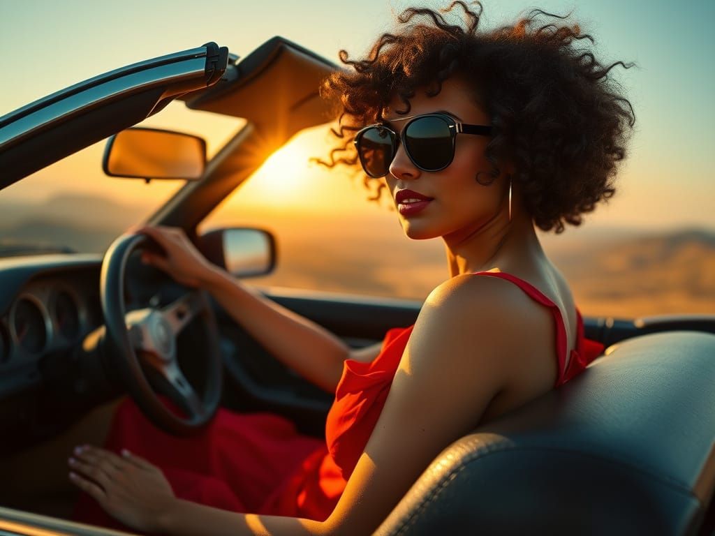 Latina Goddess Cruising a Sun-Kissed Landscape in a Sleek Ca...