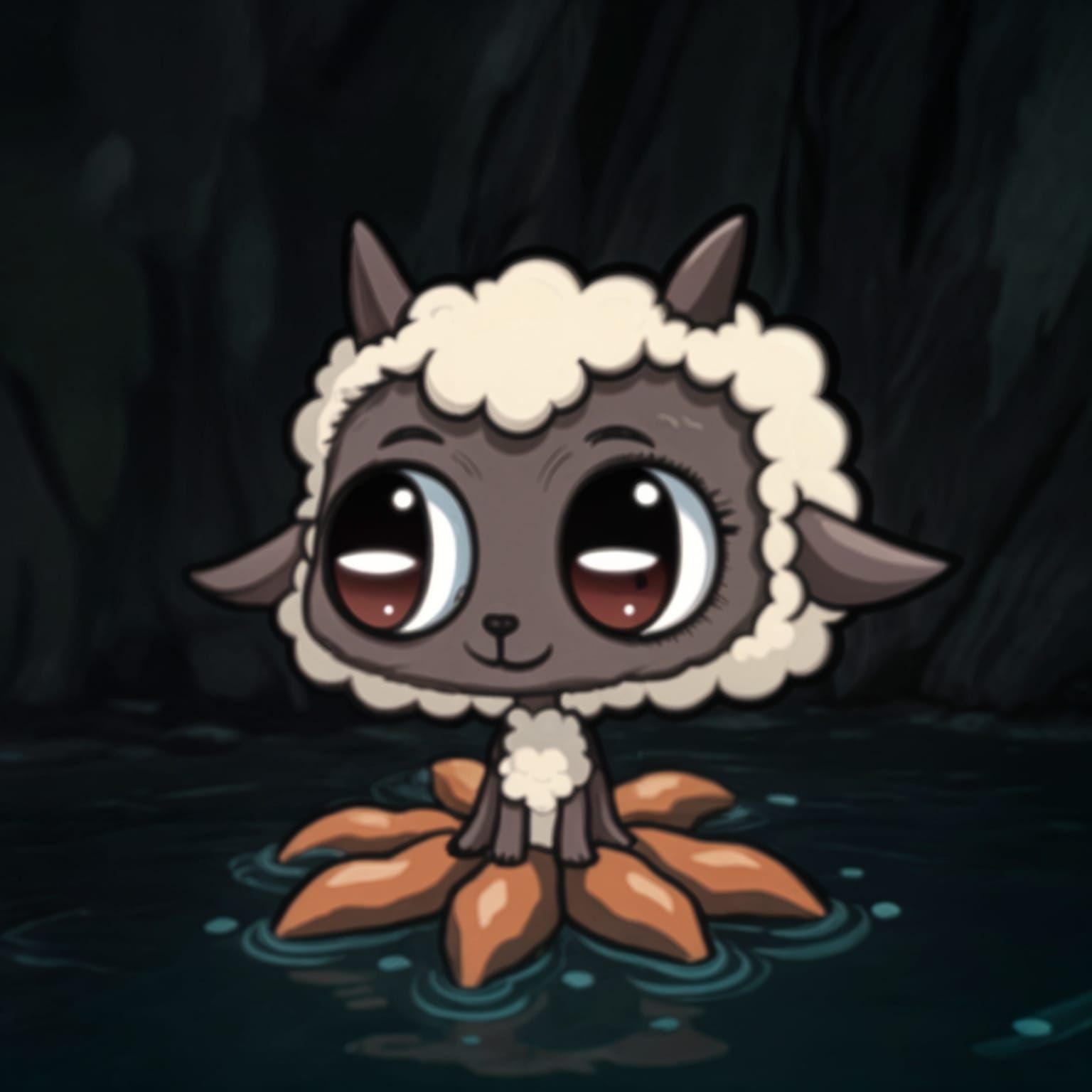 Chibi Lamb in Mystical Cave: Digital Pixel Art
