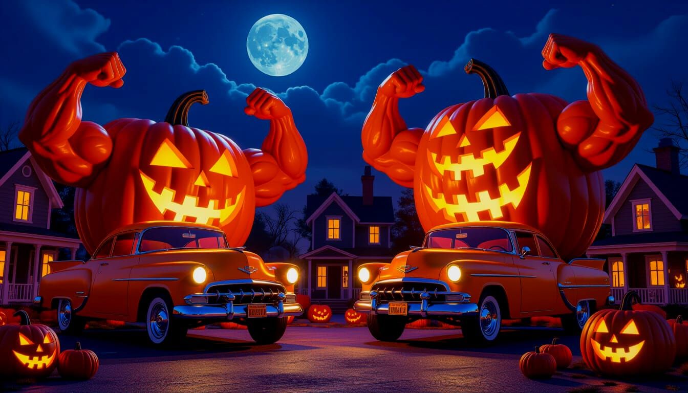Muscular Pumpkin Village Halloween Art