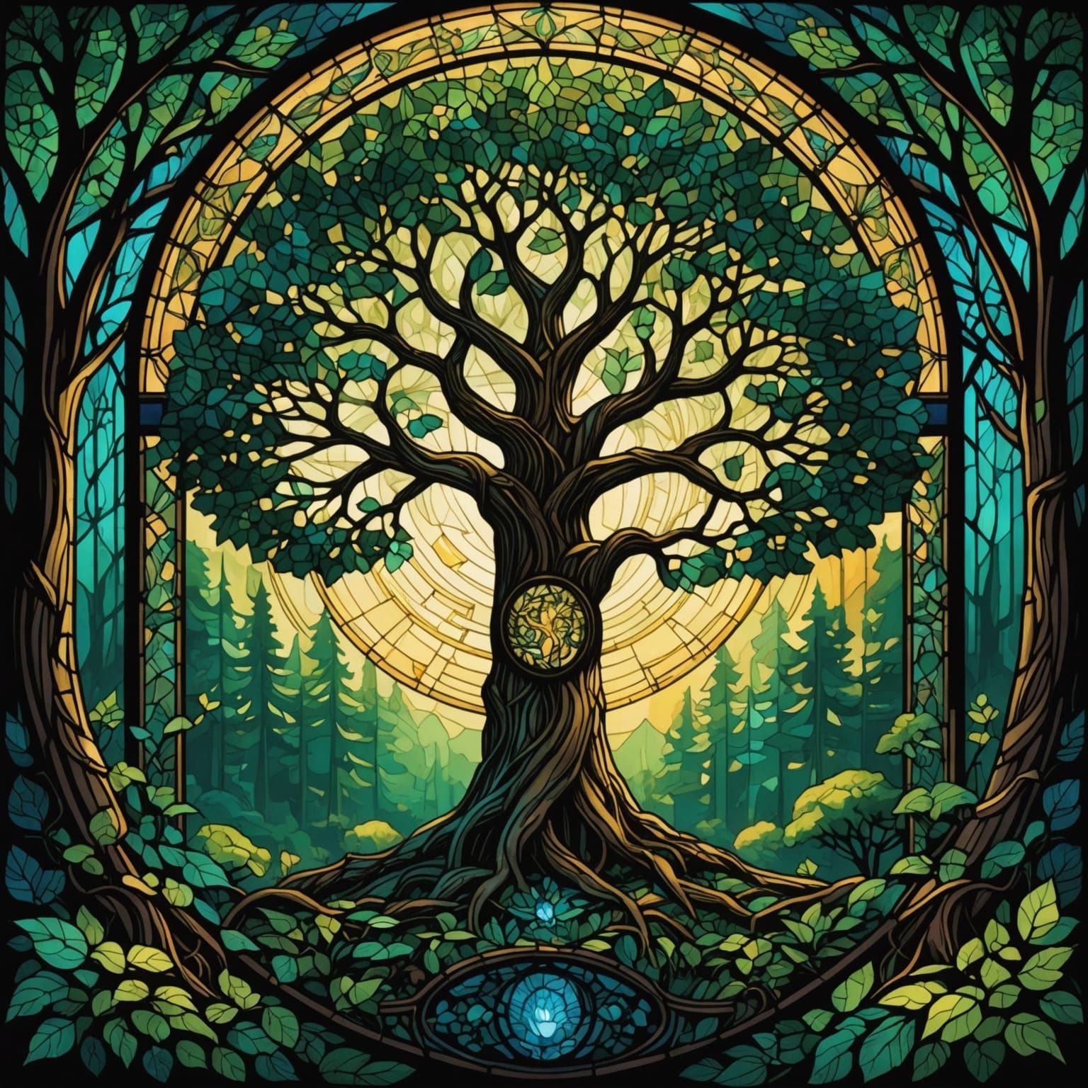 Stained Glass Tree of Life in Forest