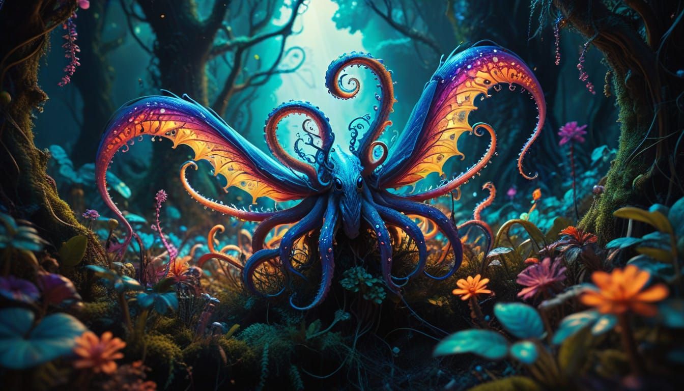 Surreal, Dreamlike Realm with Iridescent Creatures and Swirl...