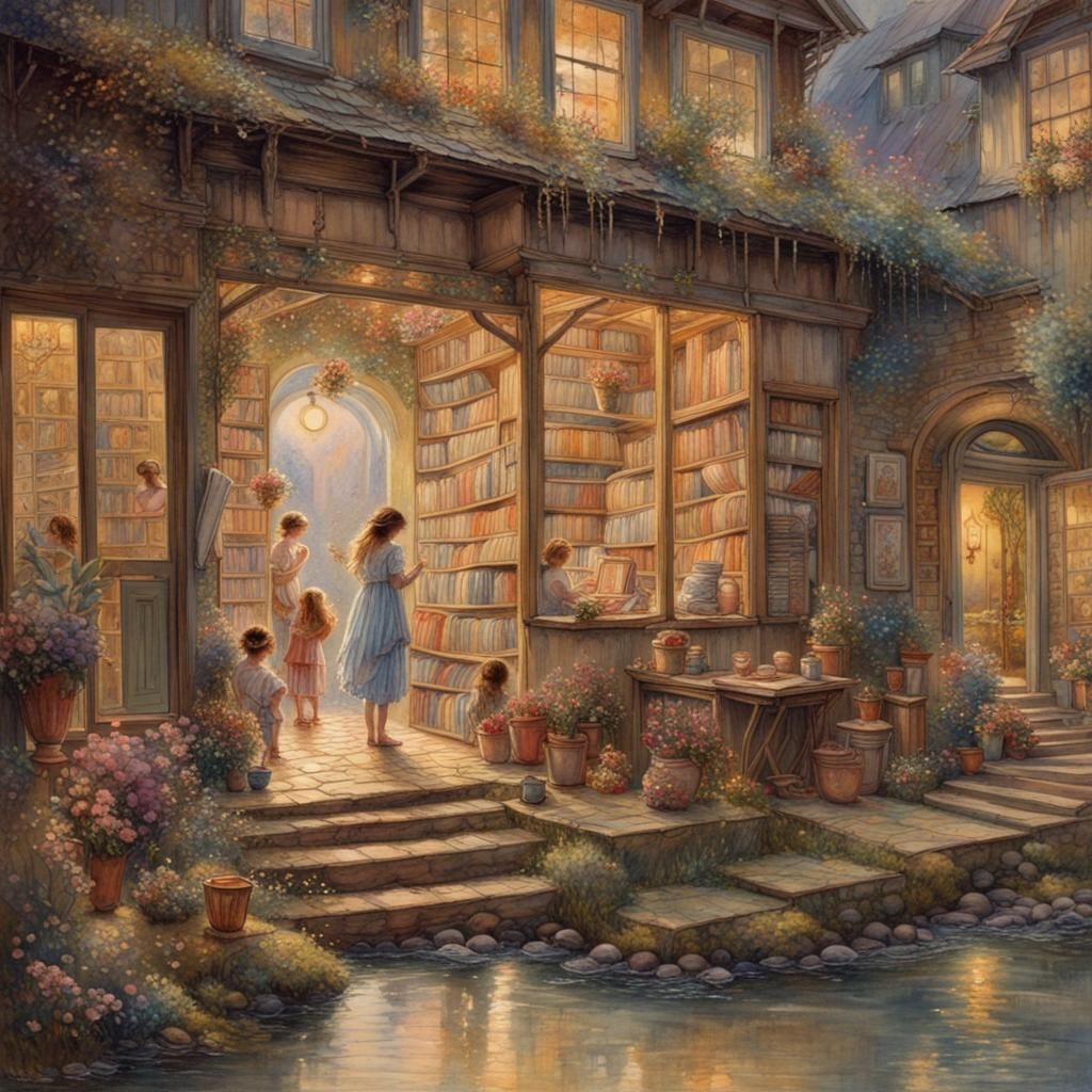 Cozy Farmhouse Bookstores in Watercolor Style