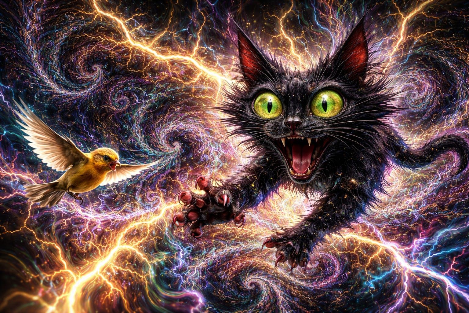 Surreal Black Cat Chasing Bird in Infinite Patterns