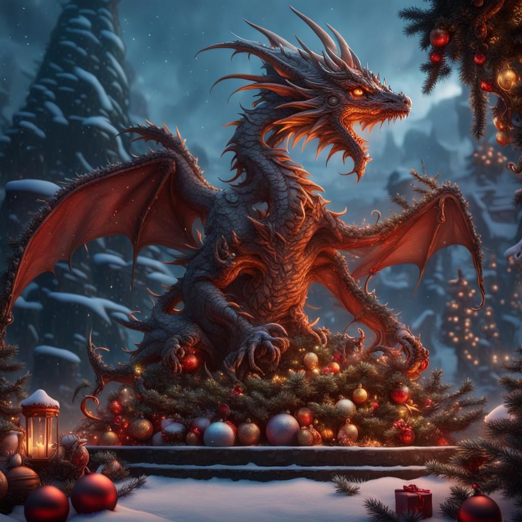 Fantastical Christmas Dragon Tree in Detailed Matte Style