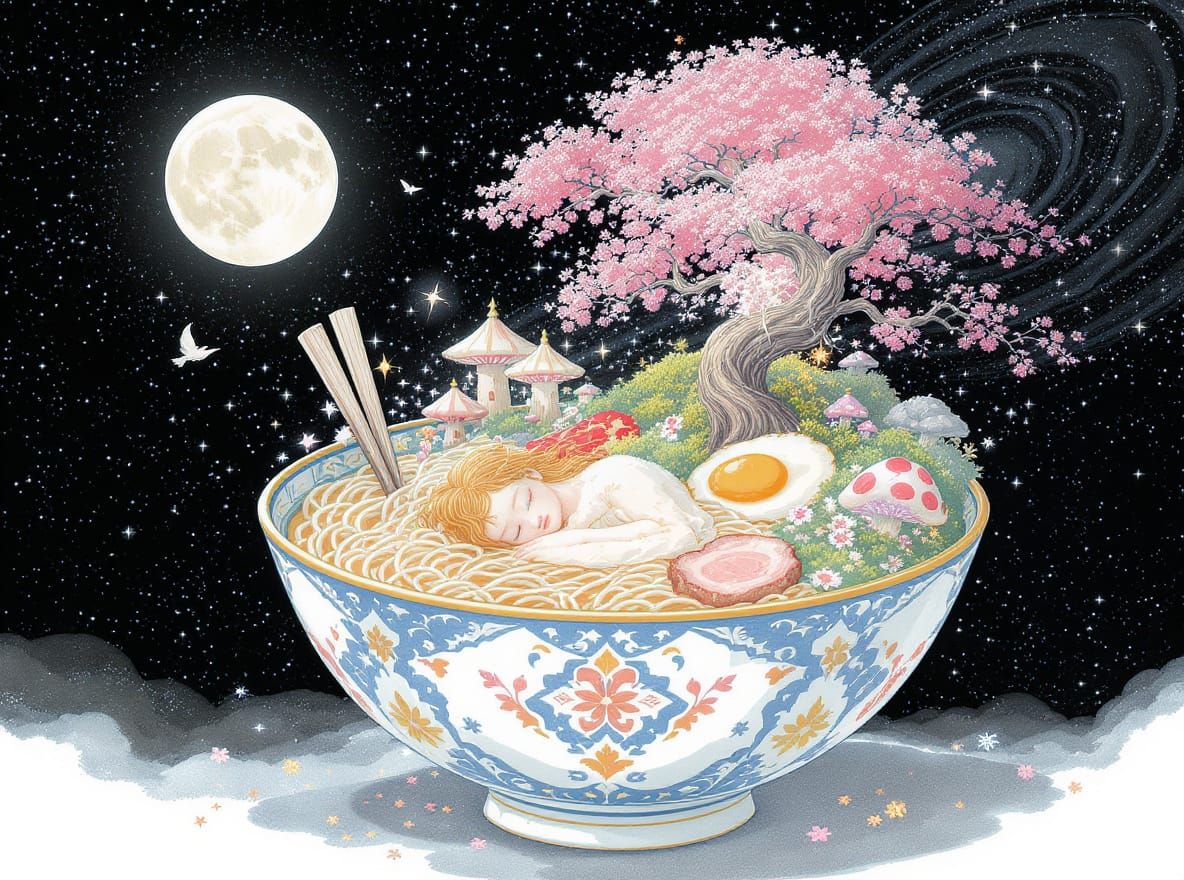Fairy Kingdom in Ramen Bowl, Moonlit Watercolor