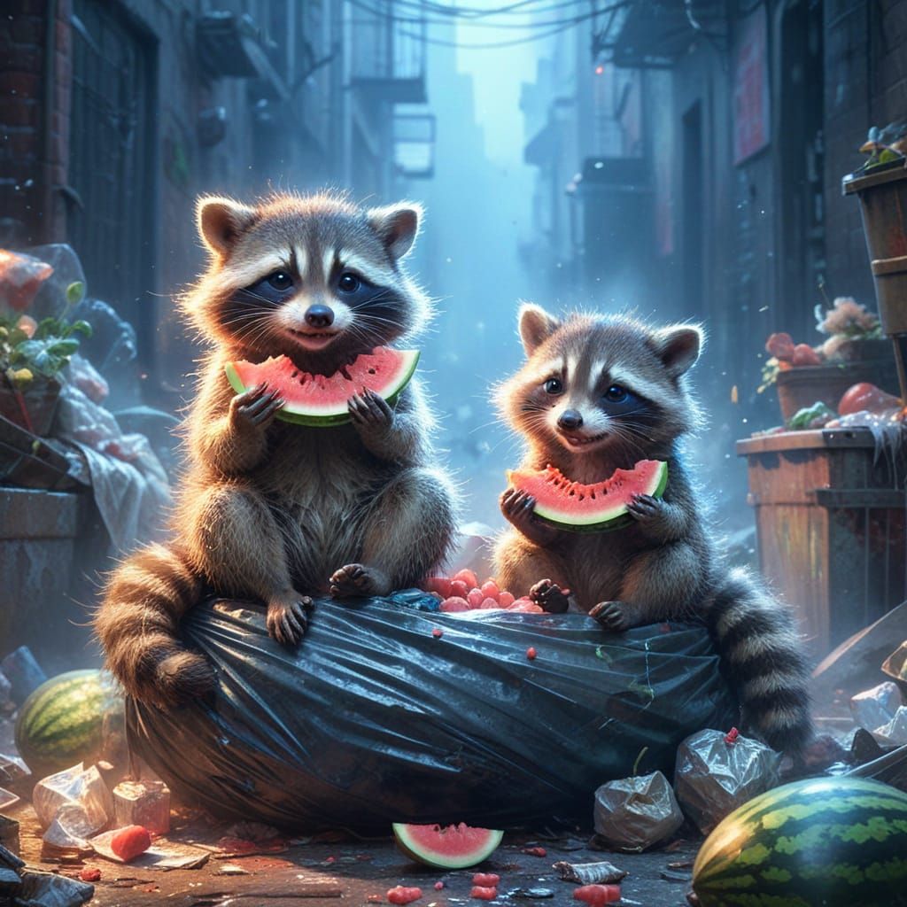 Playful Raccoons Feast in Fantasy Alleyway