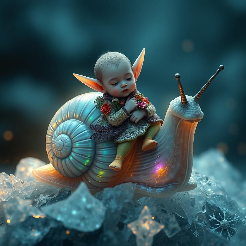 Elf Rides Iridescent Snail in Dreamy Landscape