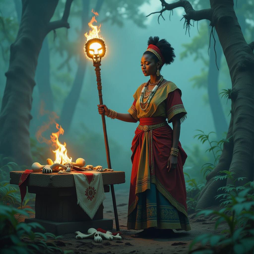 African Woman in Forest Beside Altar, Realistic Portrait