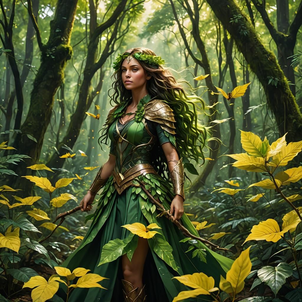 Green-Haired Warrior in a Magical Forest