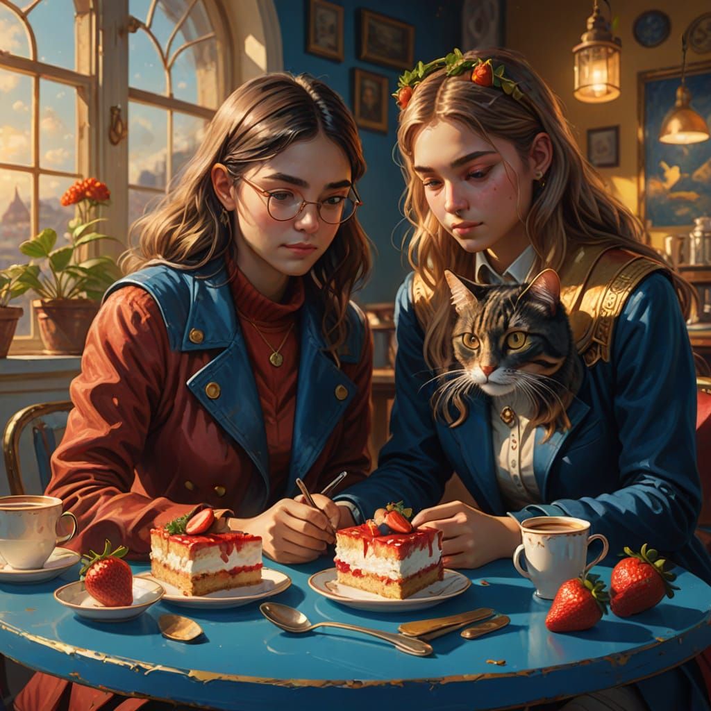 Fantasy Students Study with Cat and Cake