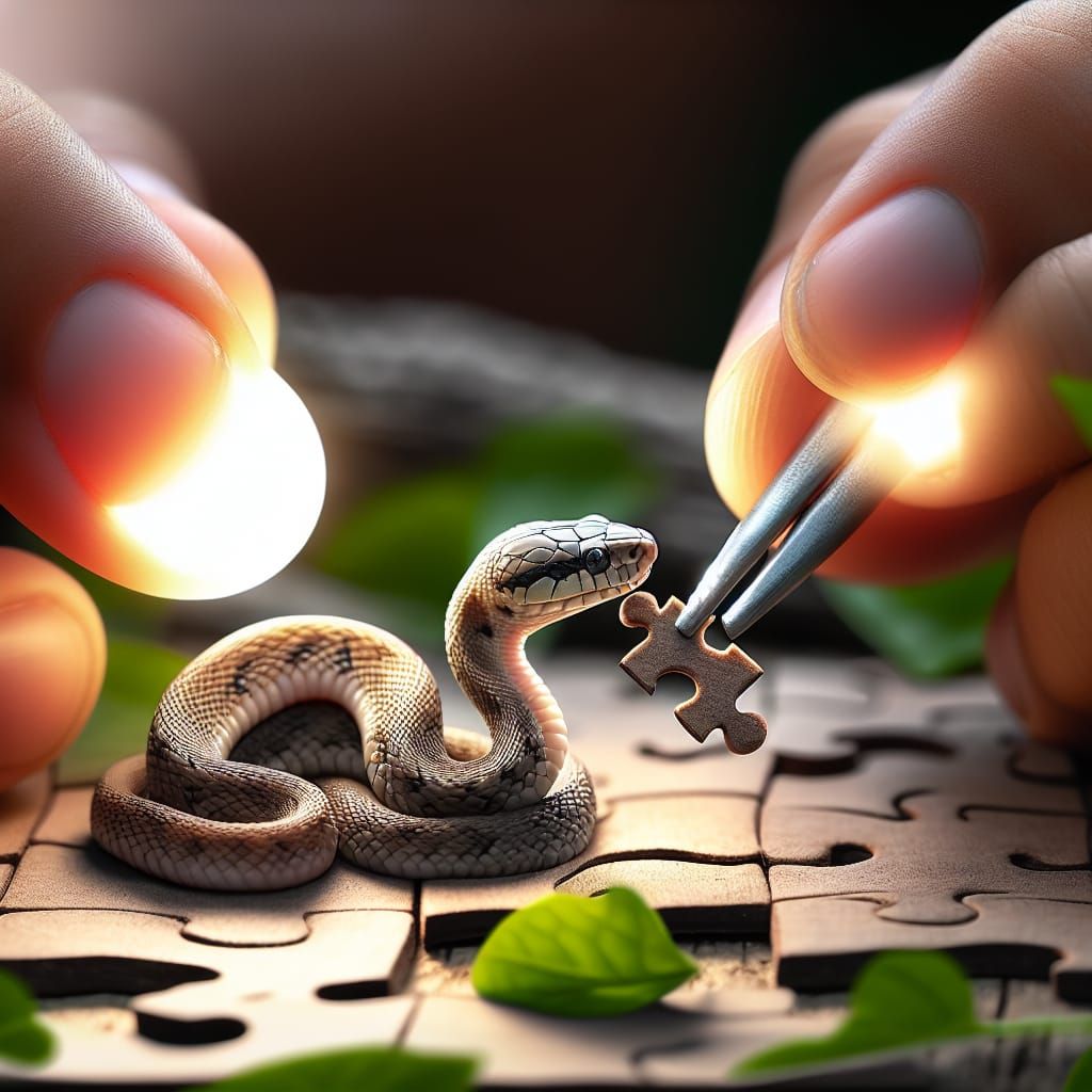 Hyperrealistic Baby Snake Solving Puzzle