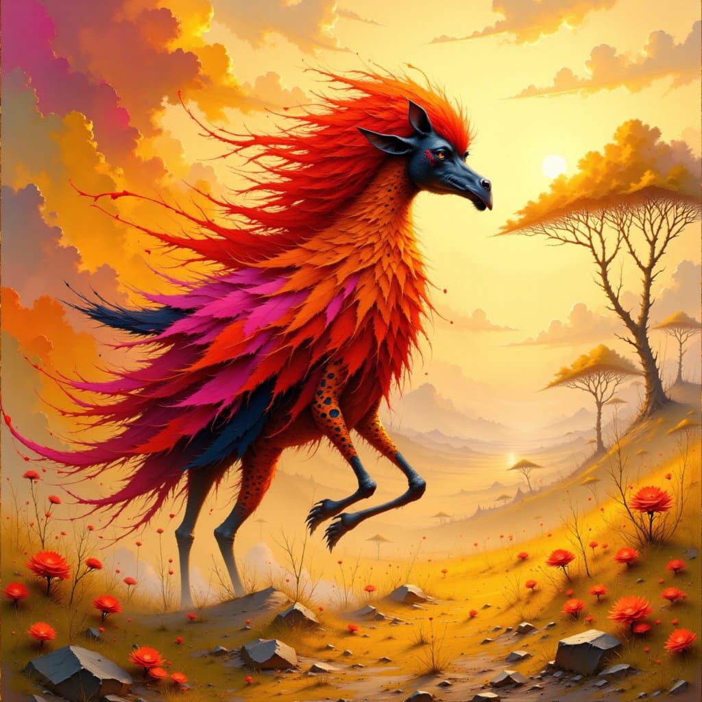 Flamingo-Giraffe Hybrid Roaming Sunset Savannah