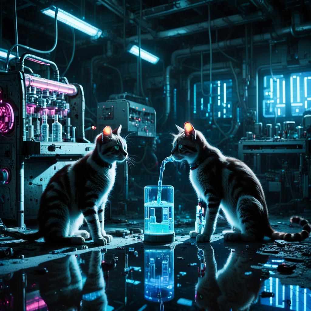 Robot Cats in a Futuristic Laboratory