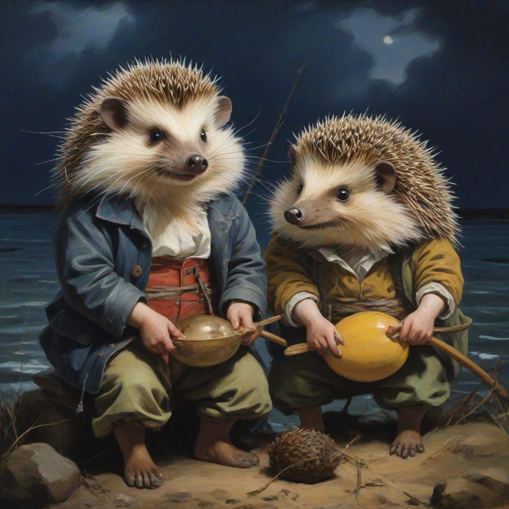 Hedgehogs as Brave Fishermen in Bold, Expressive Style