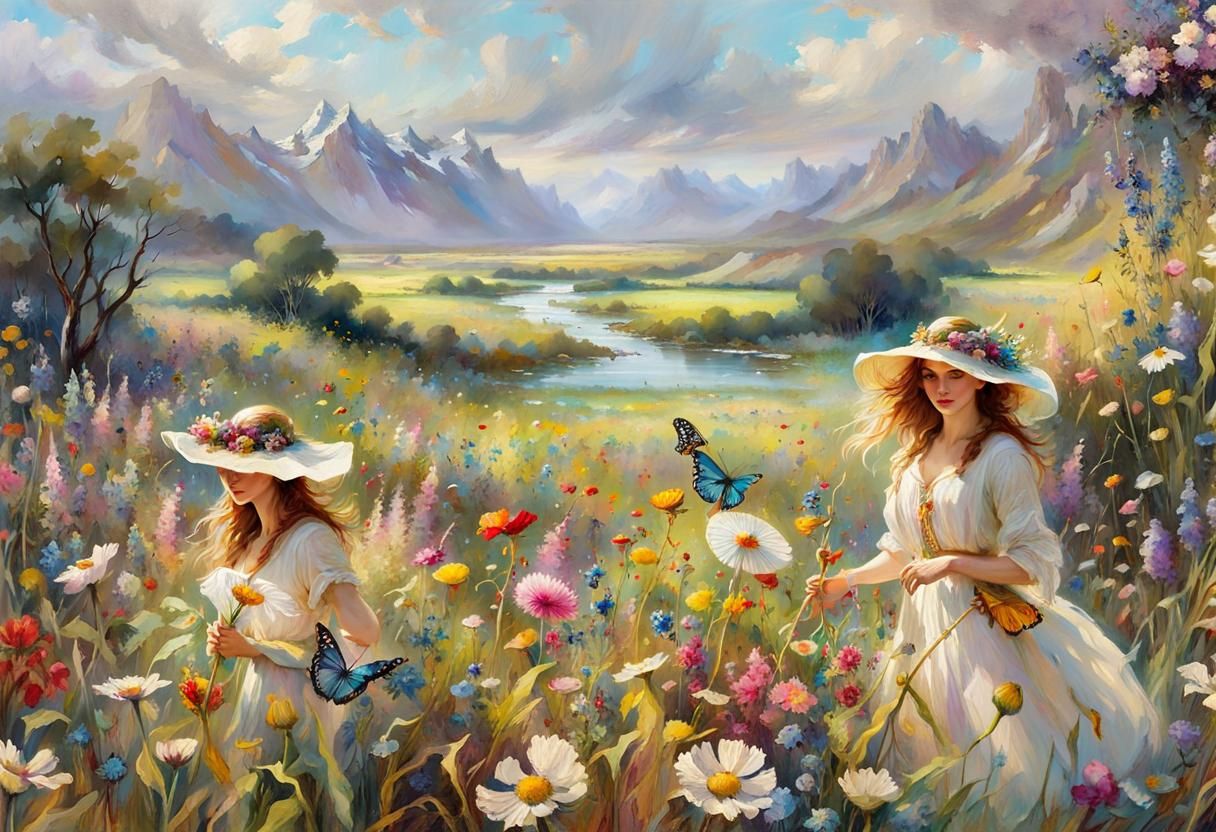 Vibrant Fantasy Meadow Blooms with Wildflowers and Butterfli...