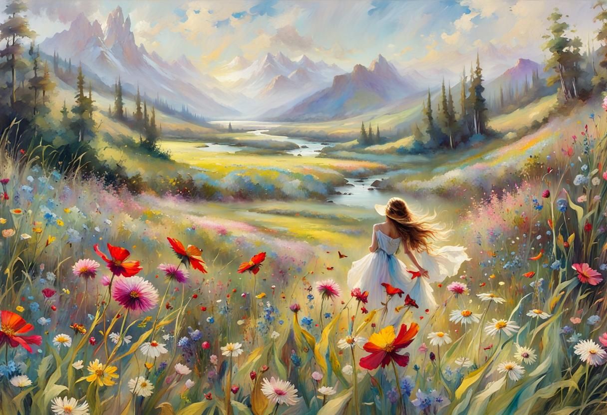 Fantasy Flower Meadow with River and Butterflies