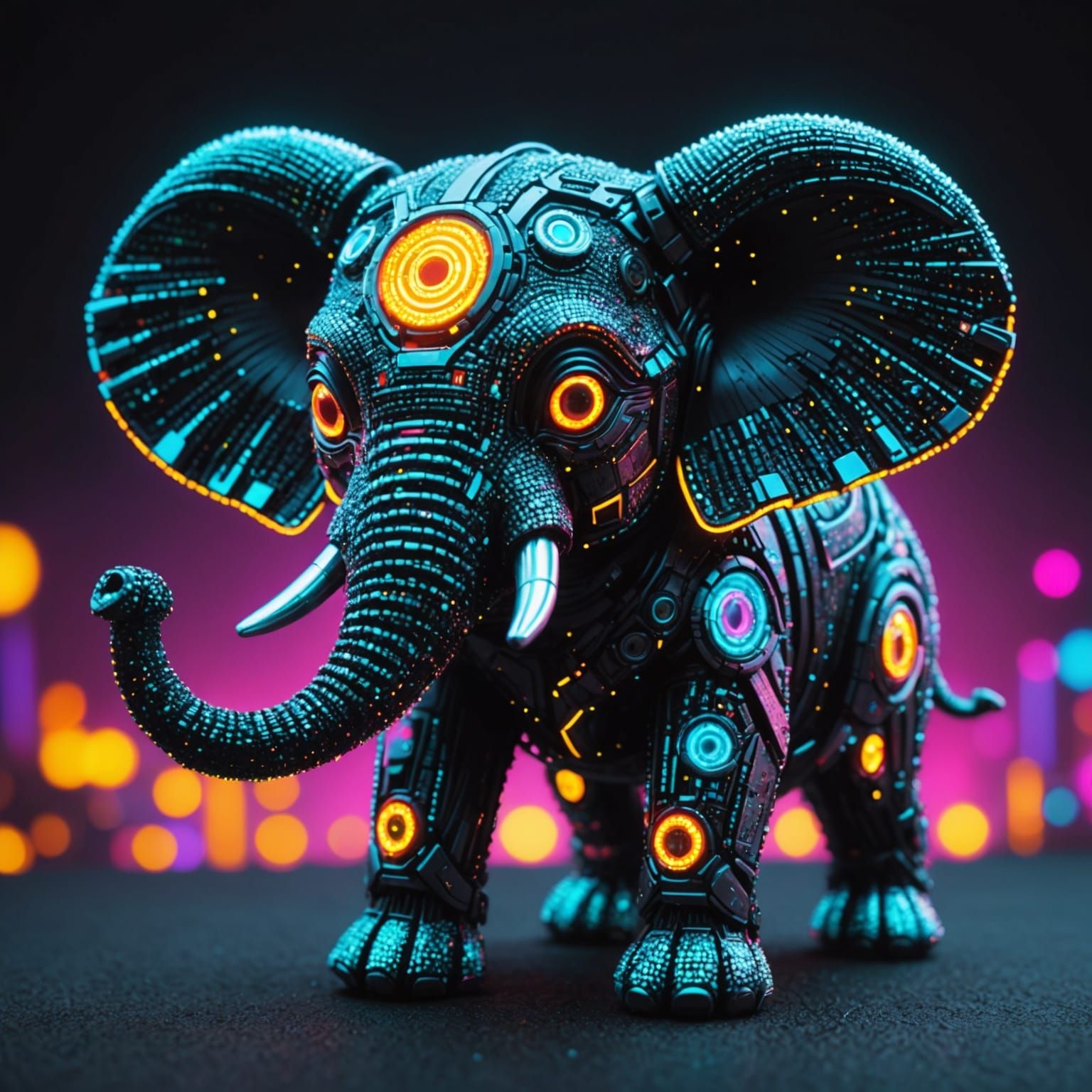 Neon Ghost Elephant in Cyberpunk Pointillism