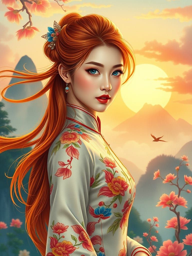 Elegant Chinese Beauty Amidst Serene Landscape