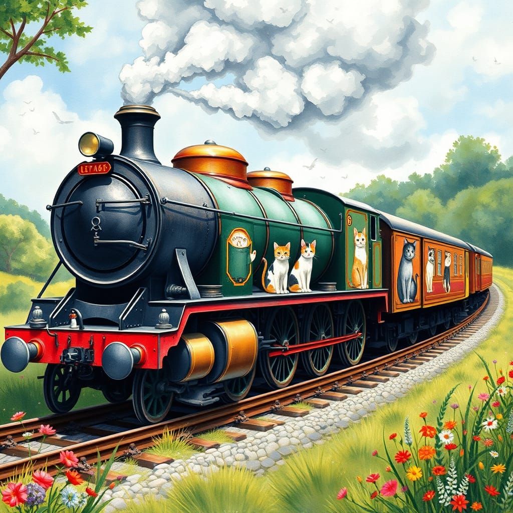 Majestic Steam Train Adorned with Whimsical Cat Illustration...