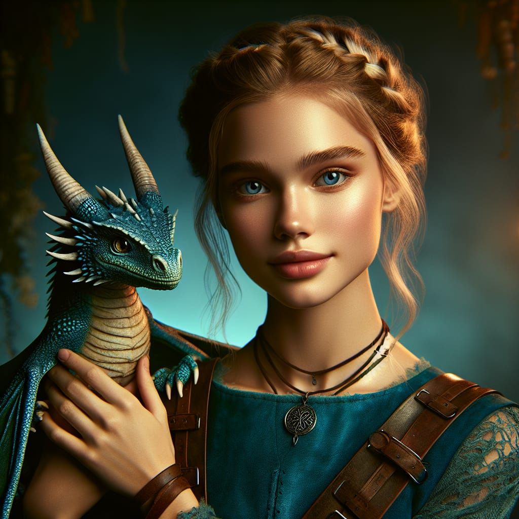 Woman with Blue Dragon Portrait in Hyperrealistic Style