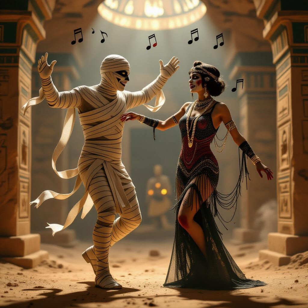 Mummy Swing Dancing with Flapper Zombie in Art Deco Tomb
