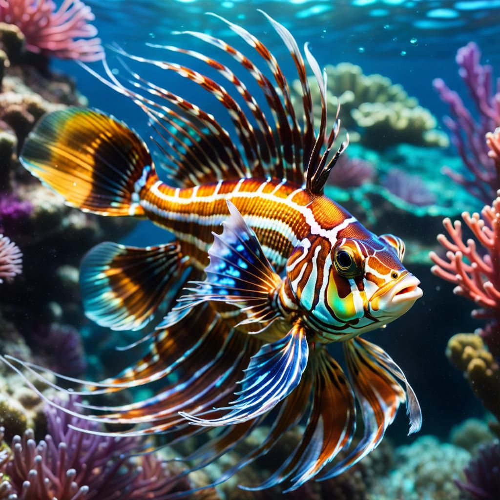 Iridescent Sea Serpent Swimming in Maximalist Ocean