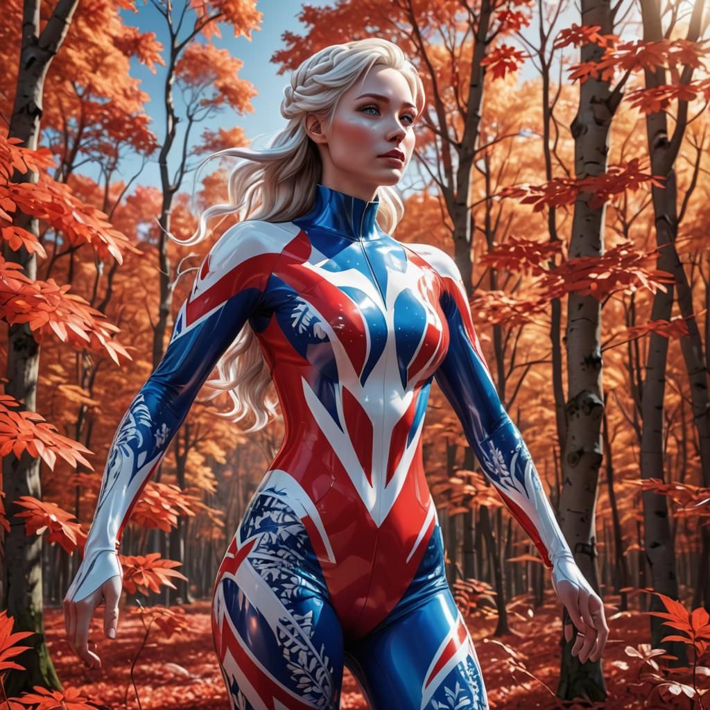 Girl in Austrian Catsuit near Forest on Summer Day