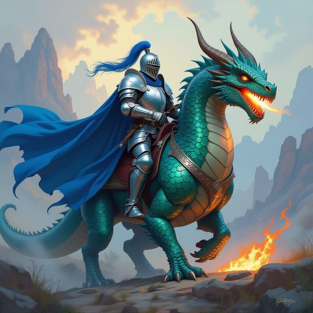 Knight Rides Dragon in Dreamlike Fantasy Landscape