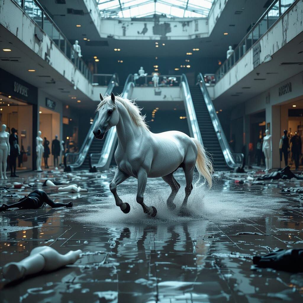 White Horse in Abandoned Mall: Dystopian Futurism