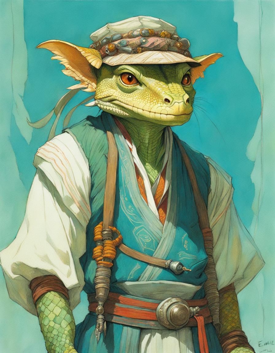 Anthro Lizard Merchant in Color Pencil Style
