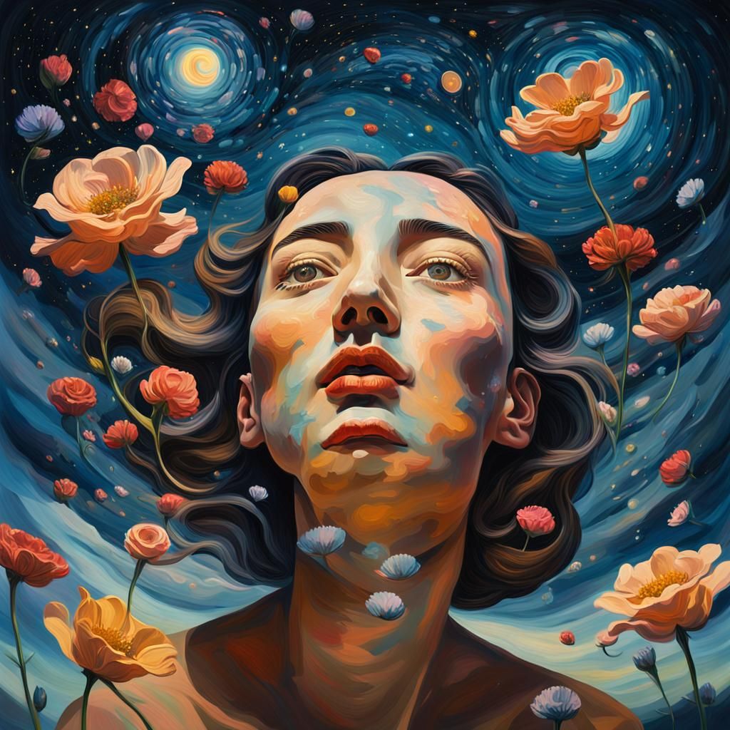 Surreal Woman Surrounded by Flowers: Oil Painting