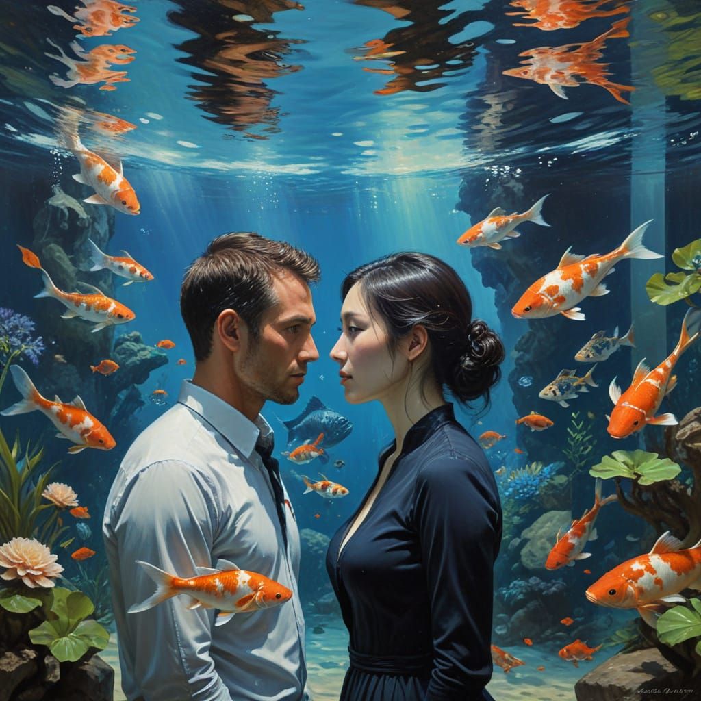 Aquarians in Aquarium: Oil Painting