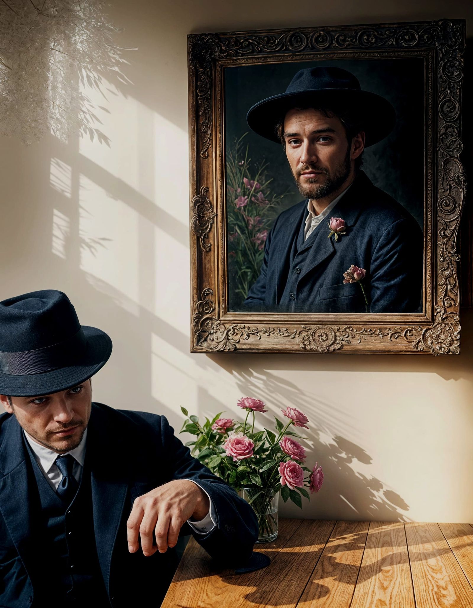 Photorealistic Man with Hat, Flowers, and Portrait