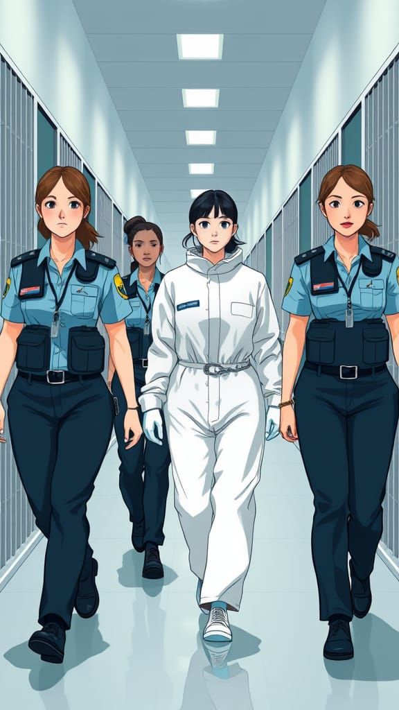 Female Police Officers Escort Prisoner in Protective Suit Do...