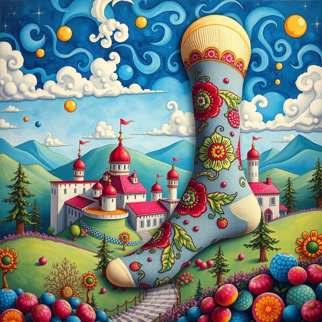 Embroidered Socks Above Candyland Gouache Landscape