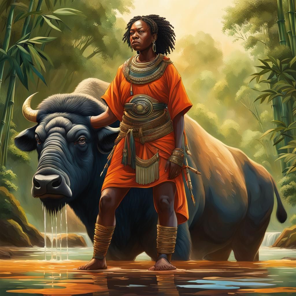 Woman in Orange Armor in Bamboo Forest