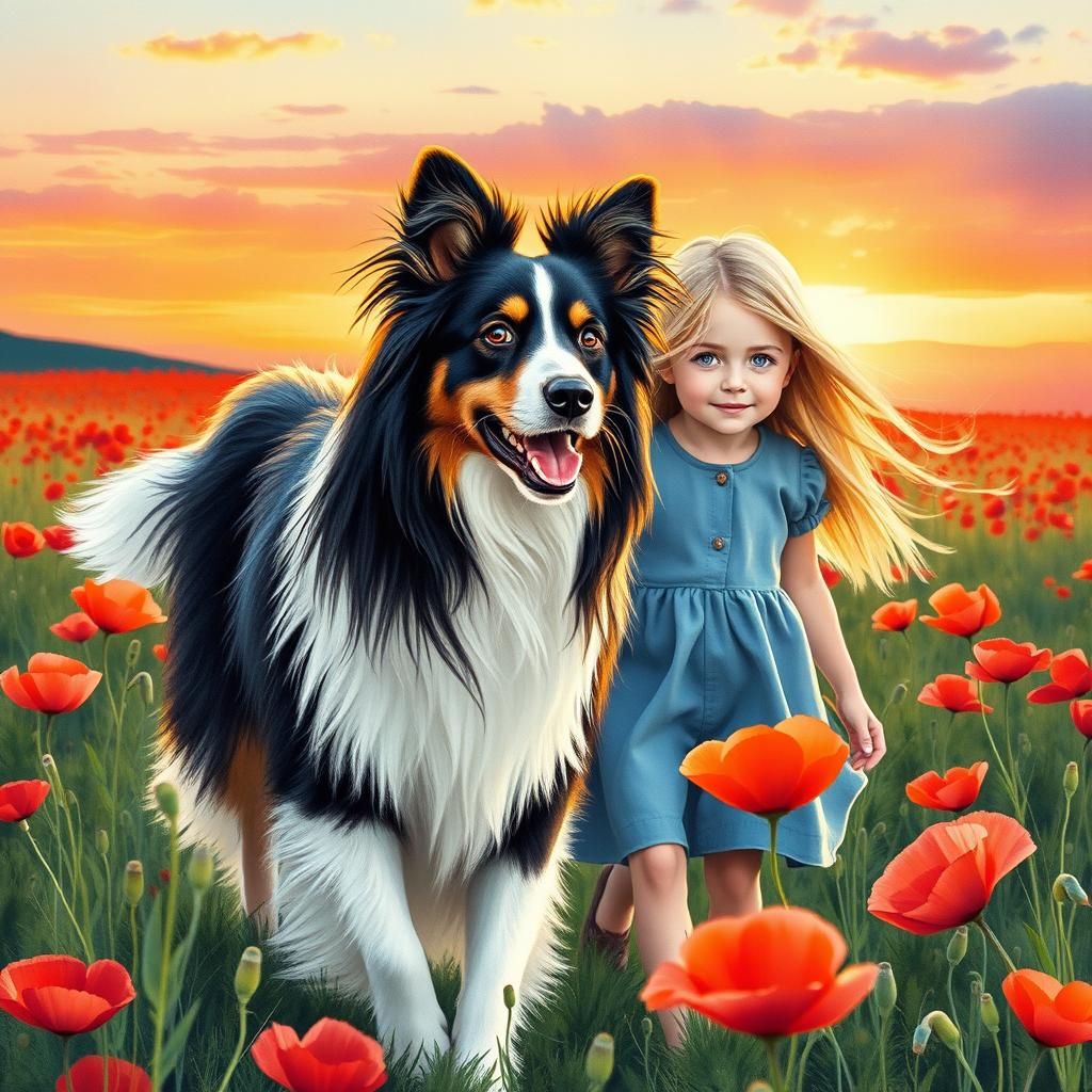 Girl and Border Collie in Poppy Field, Watercolor Gouache