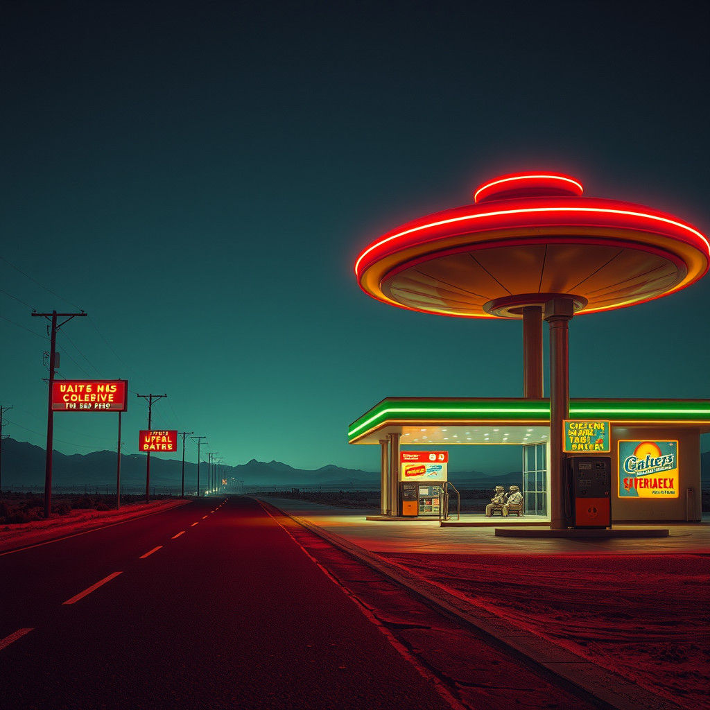 Retro-Futuristic UFO Gas Station in Industrial Style