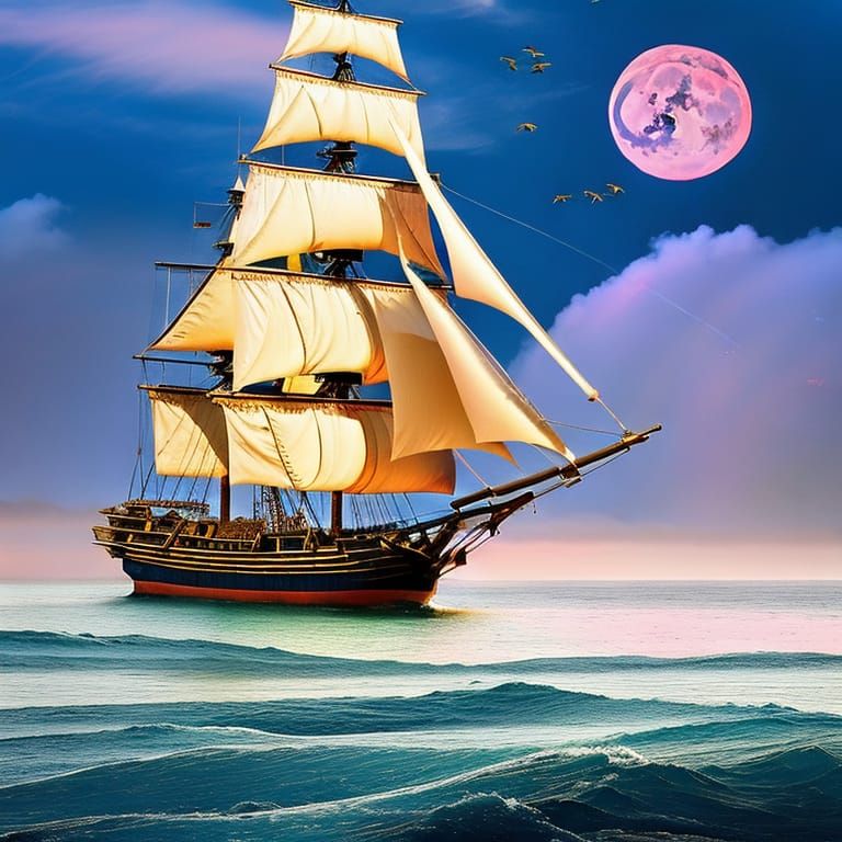 Old Sail Ship at Sunset on Stormy Sea